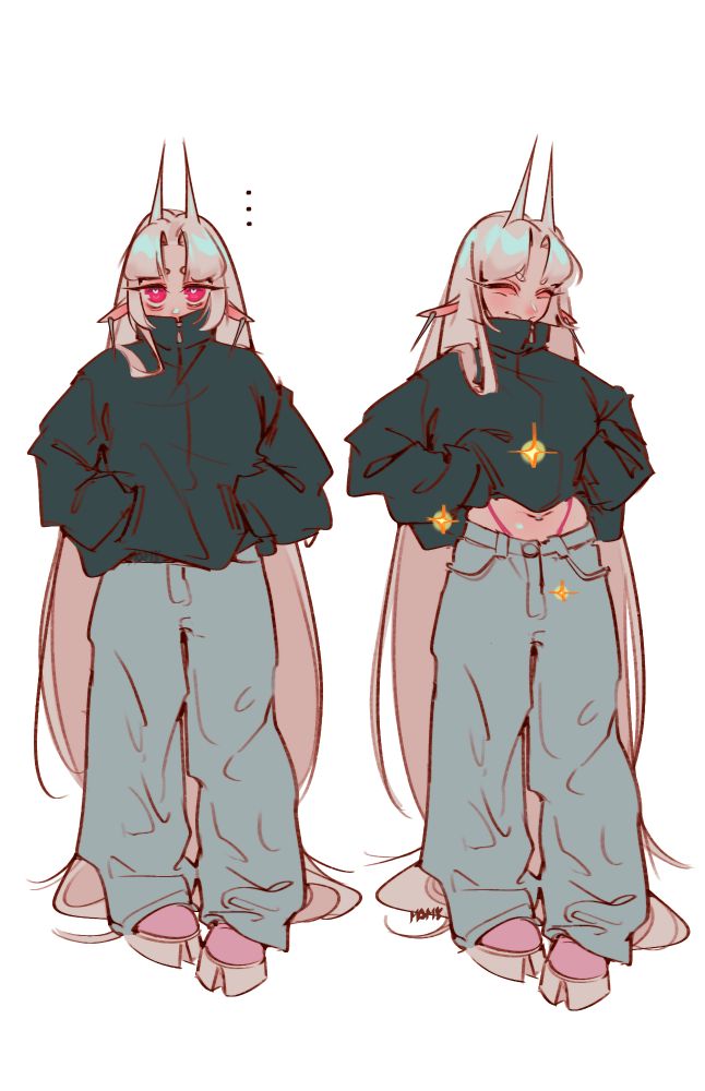 side by side of mami standing, wearing baggy jeans and an oversized jacket. at the side, she lifts her jacket so you can see her hot pink g strings. little magic trick!