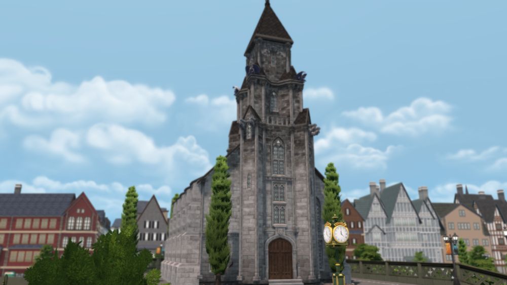 A screenshot from The Sims 4 of the exterior of a church built in the world of Windenburg, taken as if from the ground looking up at its steeple.