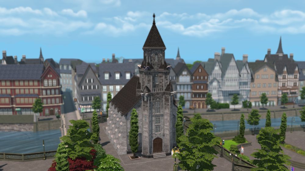 A screenshot from The Sims 4 of the exterior of a church built in the world of Windenburg, taken from a higher angle.