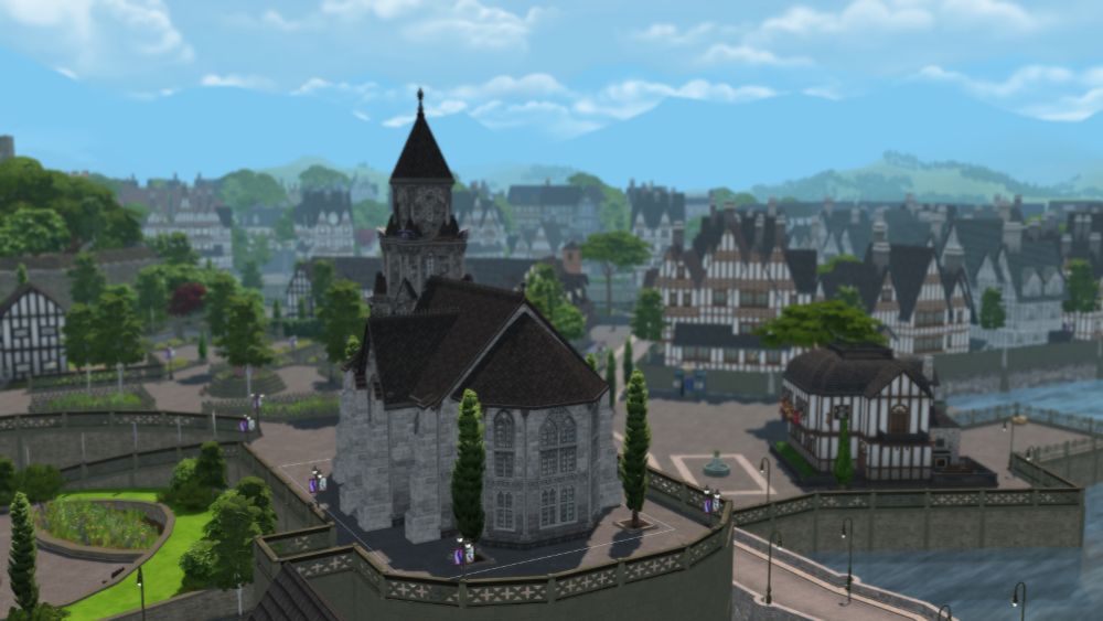 A screenshot from The Sims 4 of the exterior of a church built in the world of Windenburg, taken from the back