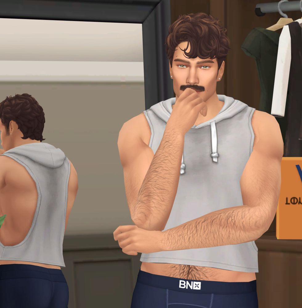An unnamed sim in a white crop hooded tank, stained with sweat (but in a hot way, not a yucky way), with blue compression leggings. He has a moustache and slightly messy brown hair