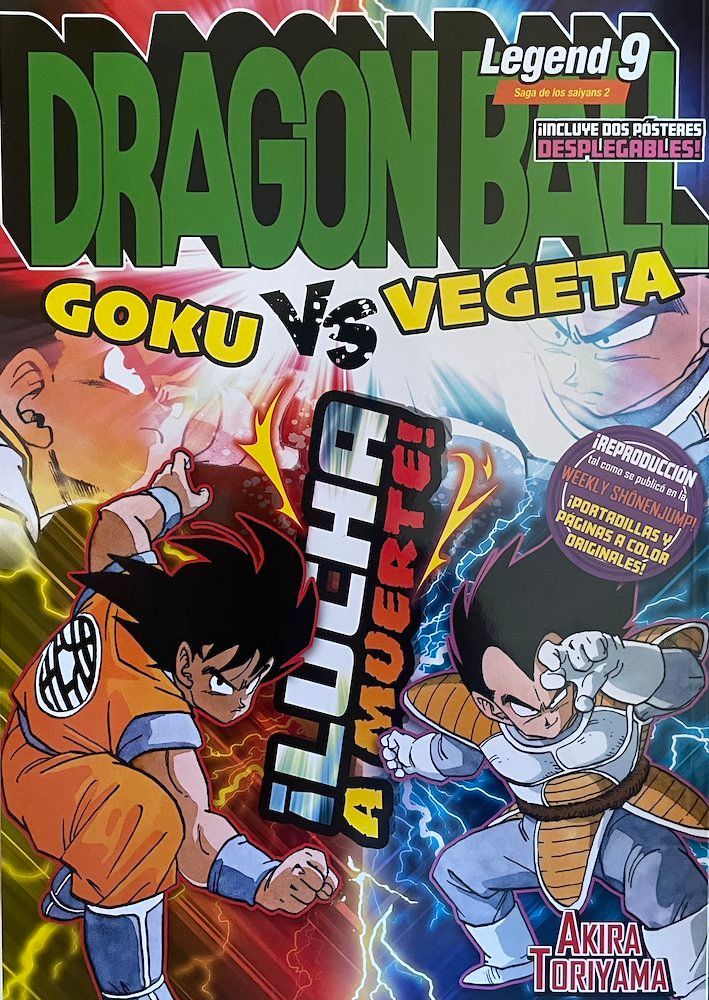 Portada de "Dragon Ball Legend 9", con el titulo en verde.
En amarillo, "Goku VS Vegeta"
Debajo, una imagen de ambos personajes, con su característica pose en guardia, a punto de enfrentarse
Como texto adicional, "¡Lucha a muerte!"