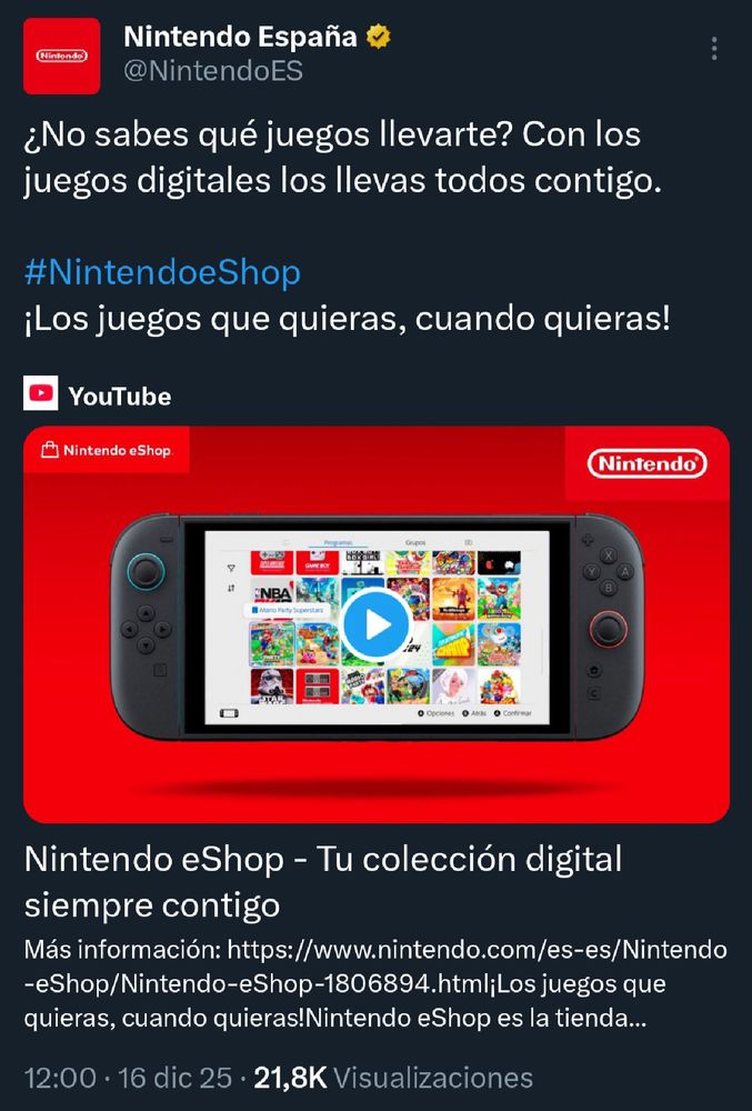 Tuit de NintendoES promocionando los juegos digitales para llevarlos todos contigo