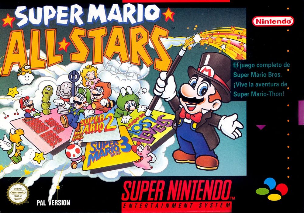 Portada del "Super Mario All Stars" para Super Nintendo.

Aparece Mario con una chistera de mago y una varita, y hace aparecer los juevos "Super Mario Bros." Super Mario Bros. 2", "The Lost Levels"  "Super Mario Bros. 3"