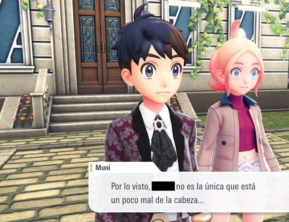 Captura recortada de "Leyendas Pokémon: Z-A", en que aparecen el avatar del protagonista y el personaje de Muni con cara de circunstancias. Muni dice: "Por lo visto, ▒▒▒▒ no es la única que está un poco mal de la cabeza..."