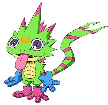Imagen de Gekkomon (con dos "k"), que es un monstruo vede con el pelo de punta, guantes azules en las manos, guantes magenta en los pies, y una larga cola