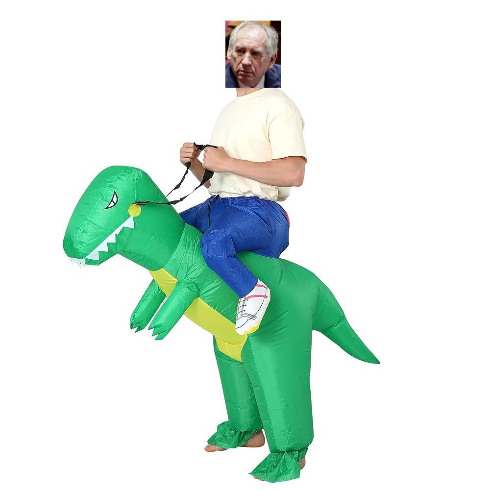 montage cracra de bayrou chevauchant un dinosaure gonflable 
