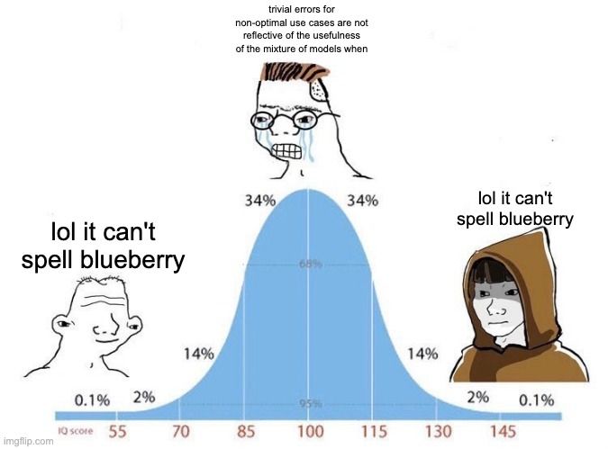 the brain genius bell curve meme with "lol it can't spell blueberry" in the tails and "trivial errors for non-optimal use cases are not reflective of the usefulness of the mixture of models when" at the mode