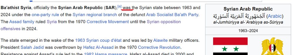 Wikipedia article screenshot showing the Syrian Arab Republic as "was"