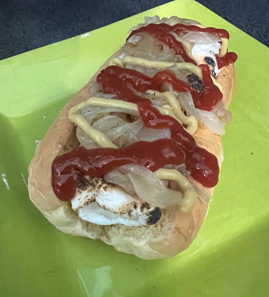 Another picture of marshmallows with caramelized onions, ketchup and mustard on a hotdog bun, duh, what else did you think it was stupid
