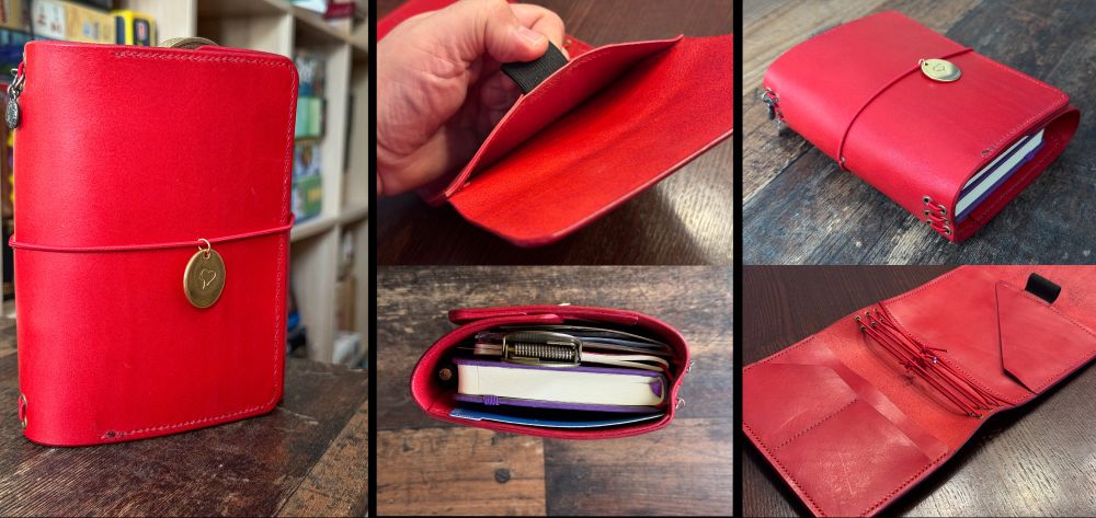 Five pictures of a red leather journal, showing it at various angles, including the pockets. 