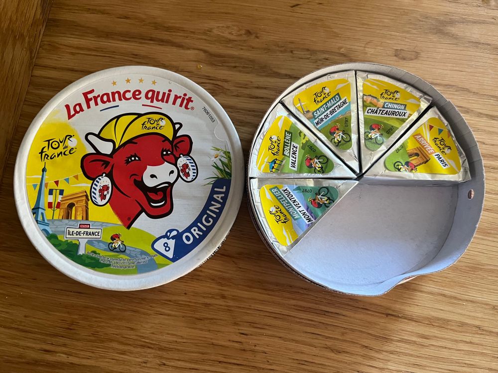 Laughing Cow cheese spread packet with Tour de France theme