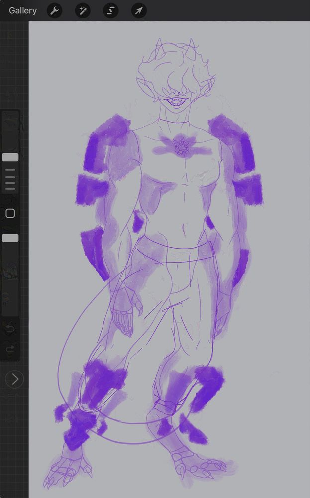 Purple sketchy art made by StarlightEndless of their SMP Shulk character Sable. He has floating armor on his shoulders and arms, and from his knees to his shins; lighter purple scale patches are indicated from his reptilian like feet and legs to the talons on his hands.