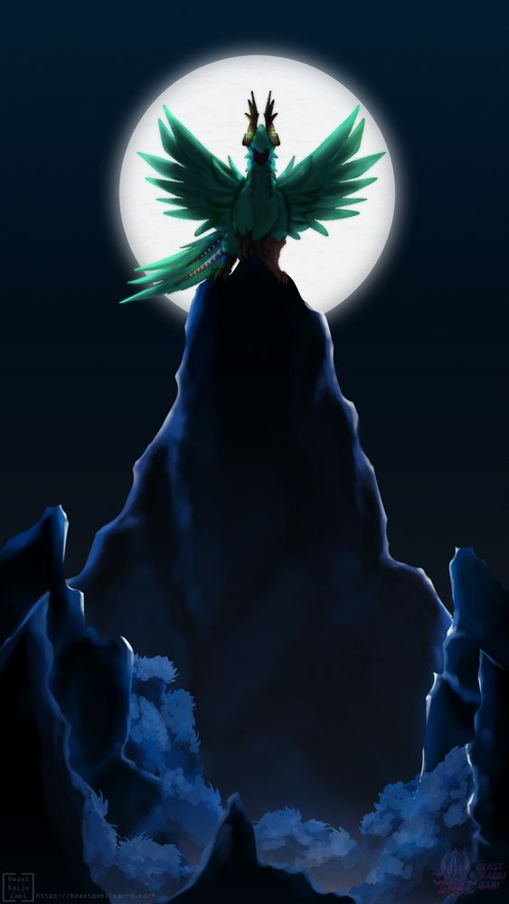 Creature who is standing up on a peak having behind the moon. Below there are more sharp peaks as well as tree tops. The creature standing up has its head down and wings spread the tail visibly showing at its side.