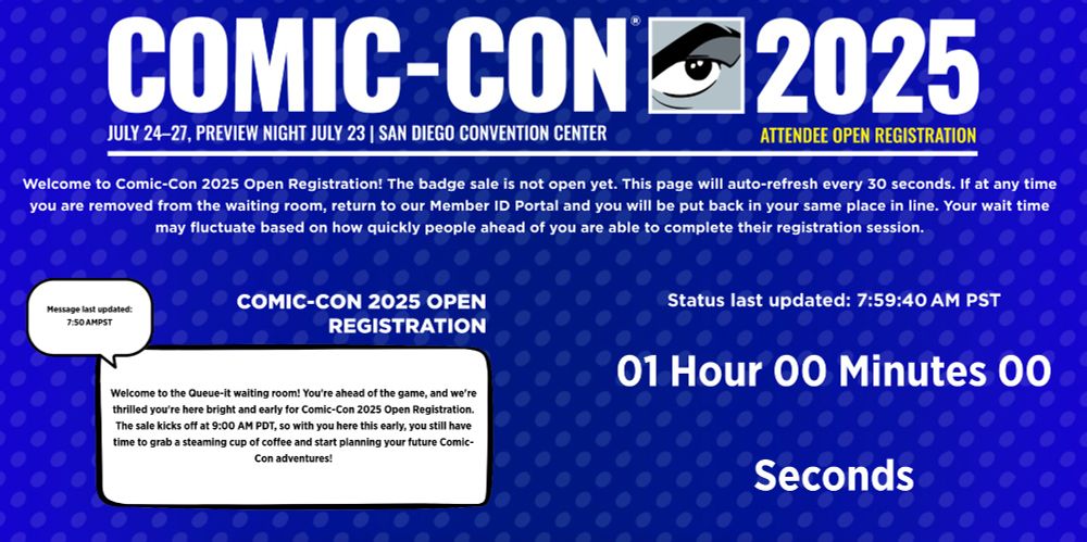 A screenshot of the Comic-con waiting room website showing exactly one hour until registration starts. 