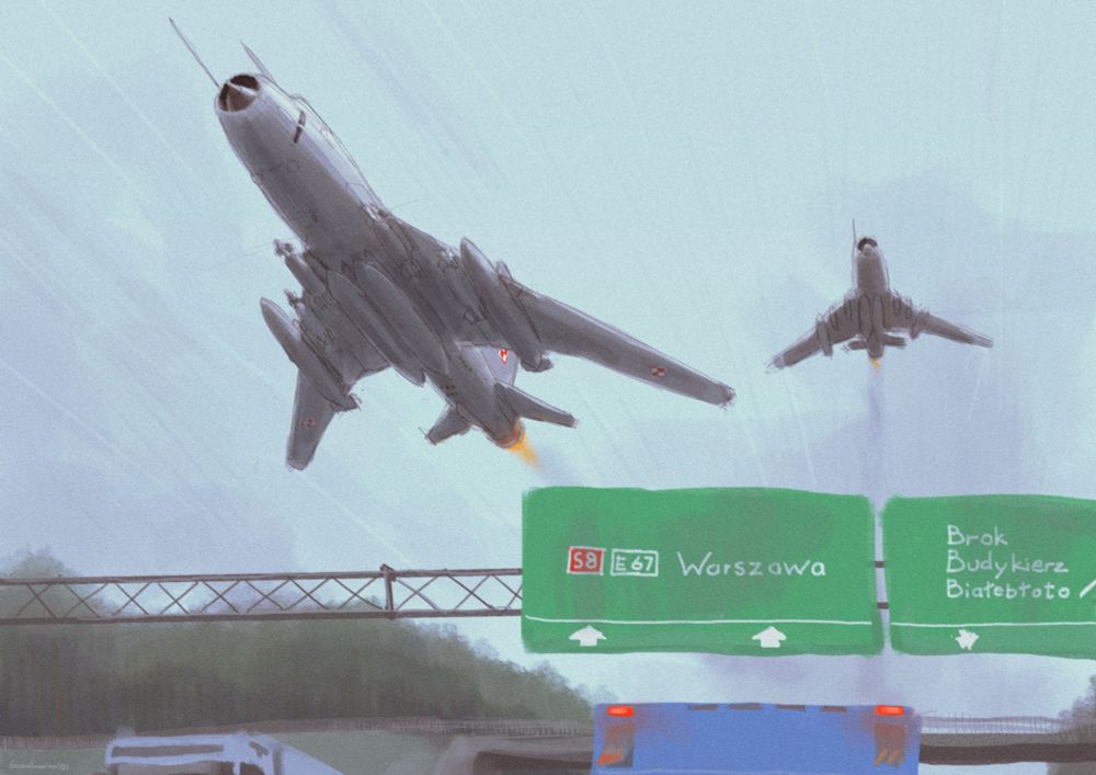 digital art of a pair of Su22s flying over a highway. I added a few filters to make it look more like a pixelated photograph