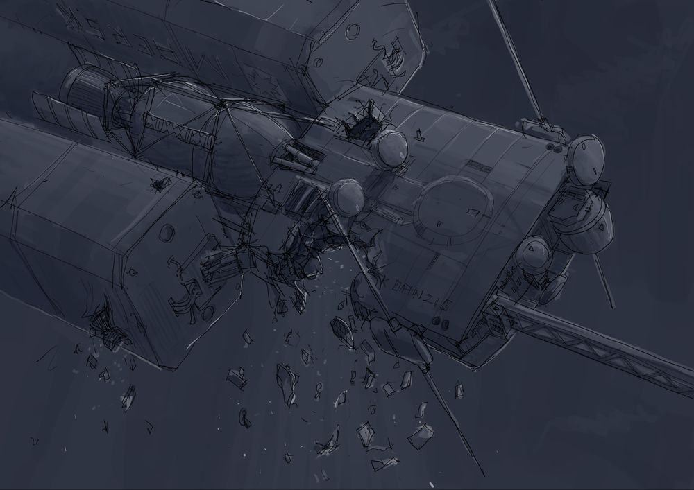 a space freighter hit by asteroids. Field of debris is strung where the rocks hit