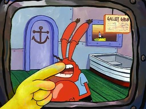 SpongeBob pointing at his background cameo in a commercial 