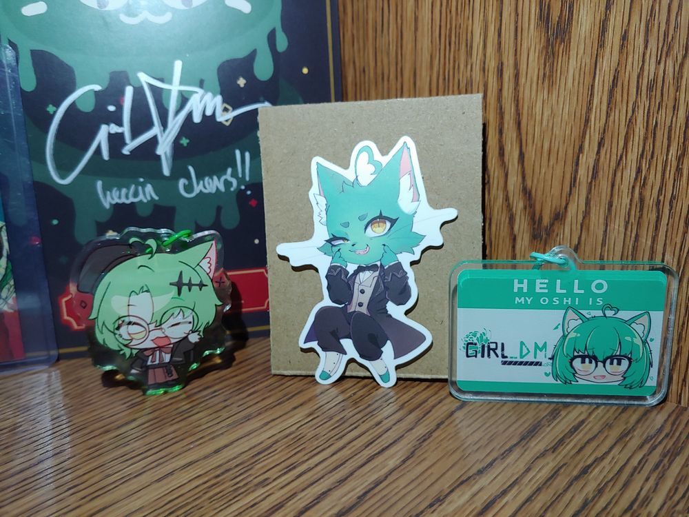Girl_DM_ heccin cheers thank you card, keychain, gremlin sticker, and oshi charm