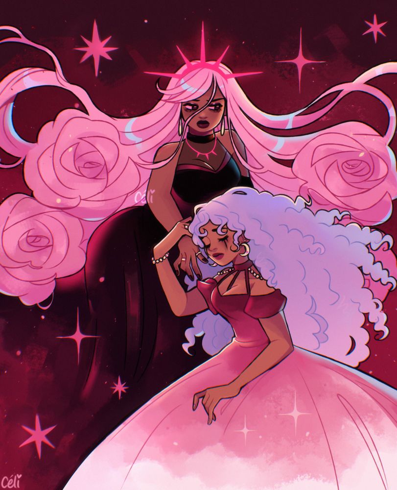 digital illustration of two women holding each other looking sorrowful, one is wearing a crown, has pink hair with the ends shaped like roses, and the other has her eyes closed and her mascara is running