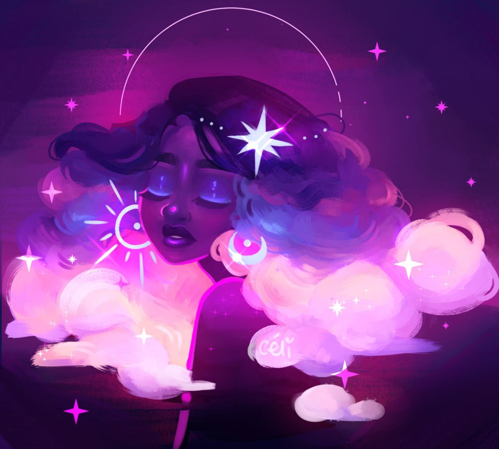 painted illustration of an ethereal woman with her eyes closed, her hair is shaped like clouds and glowing purple, pink and blue