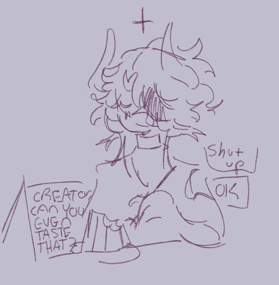 A simplistic digital sketch of subspace from phighting, also stylized to have hair and ears, he is eating a slice of birthday cake. One of the Biografts mostly off screen except for a single horn says “CREATOR, CAN YOU EVEN TASTE THAT?” Subspace responds “Shut up” biograft then says “OK” 