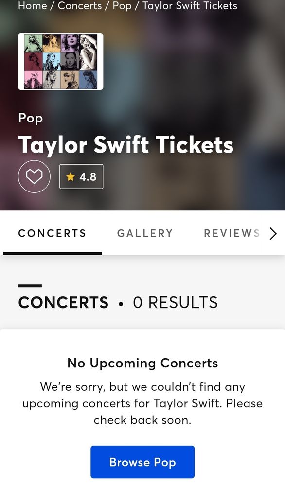 Screenshot from the ticketmaster page. Taylor swift tickets: no upcoming concerts