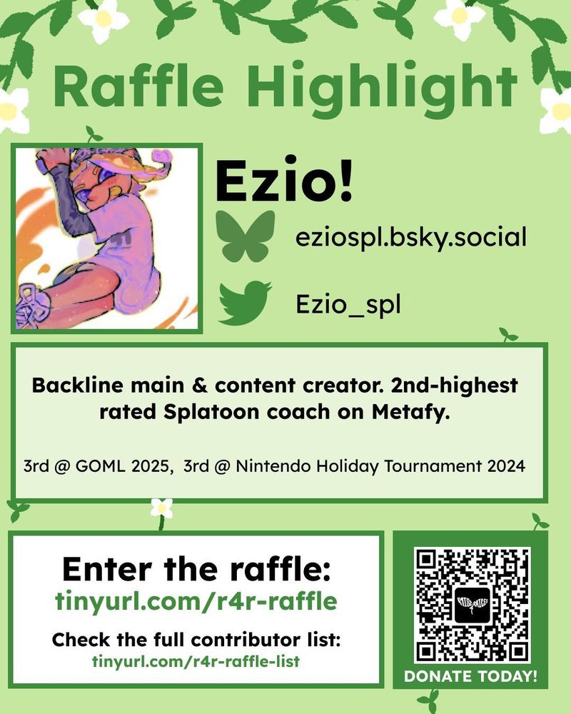 ID: a green raffle graphic highlighting Ezio, one of the raffle contributors. It shows his Bluesky link and a brief description of his experience. It reads: “Backline main & content creator. Second-highest rated Splatoon coach on Metafy.                                                                                       3rd @ GOML 2025,                                                                              3rd @ Nintendo Holiday Tournament 2024” End ID.