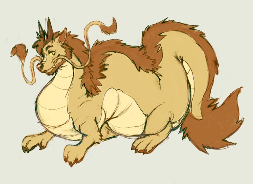 A side view of a chubby, 4 legged noodle dragon looking at the viewer.

Art is drawn by Berlin/Dream_Forests