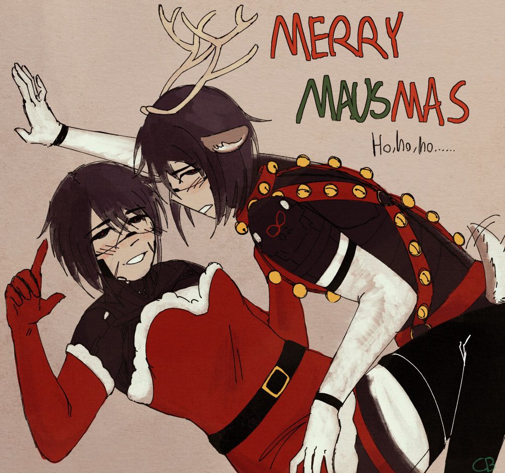 Two Eules from Signalis in festive garb, one wearing a feminine Santa costume while the other boasts reindeer ears, tail, antlers, and a matching harness. Strudel (The reindeer themed one) has a nervous expression as she pins Maus (The Santa themed one) to the ground. Maus looks smug and is pulling Strudel by the harness. Text in the top right says "MERRY MAUSMAS ho,ho,ho......." 