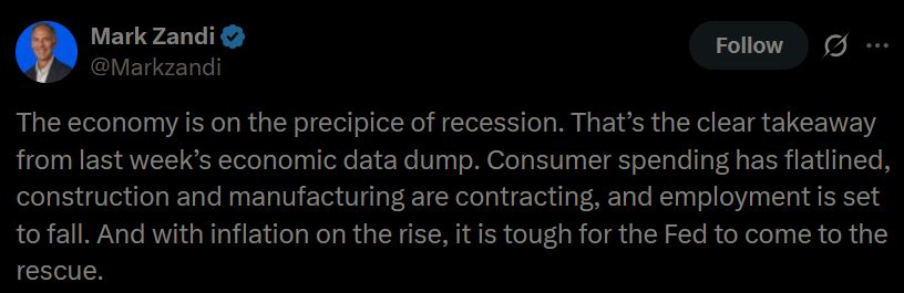 @Markzandi on twitter: The economy is on the precipice of recession. That’s the clear takeaway from last week’s economic data dump. Consumer spending has flatlined, construction and manufacturing are contracting, and employment is set to fall. And with inflation on the rise, it is tough for the Fed to come to the rescue.