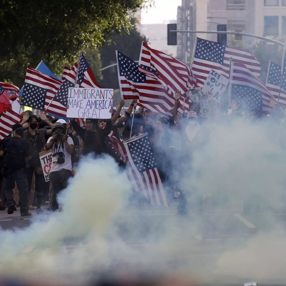 Photo from Carlin Stiehl from the LA Times. Dozens of people holding American flags on the streets of LA are in frame, with a massive cloud of tear gas billowing in front of them. One protester holds a sign that reads Immigrants Make Us Great.