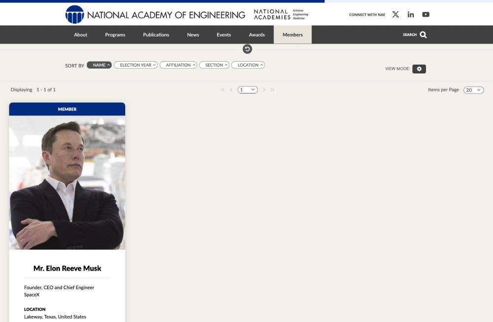 Elon Musk bio page on National Academy of Engineering.