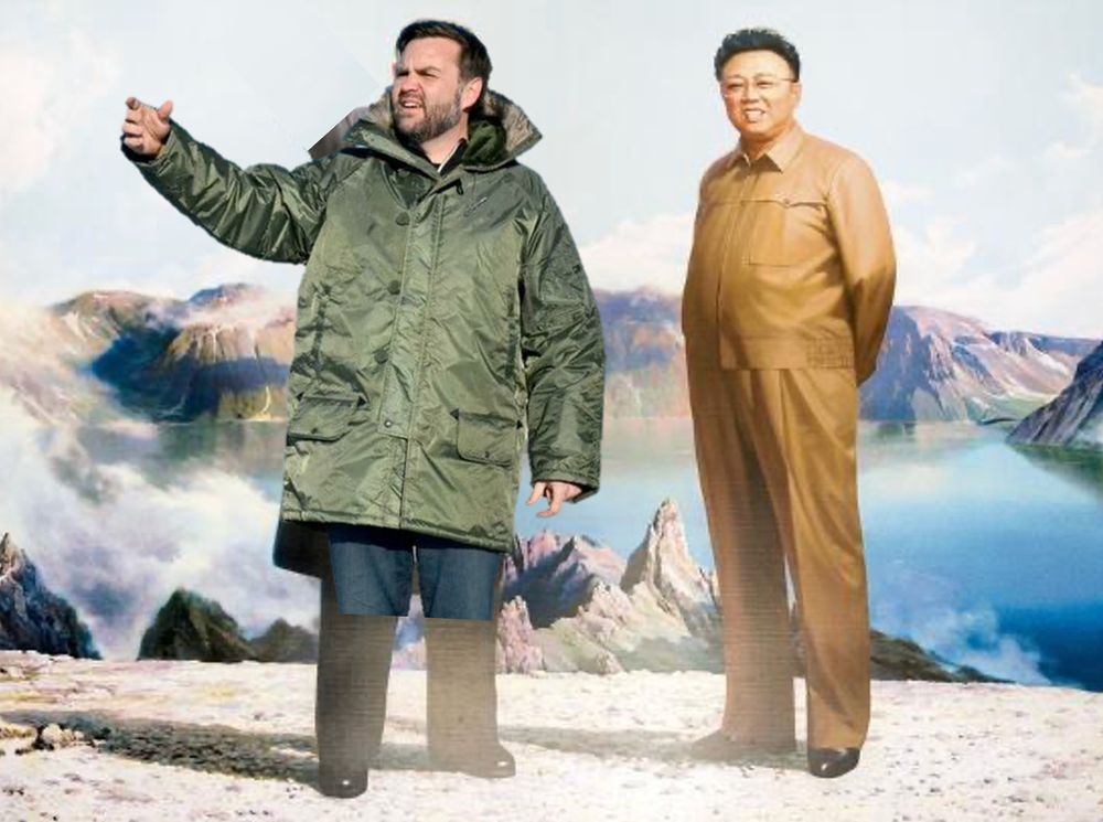 Wearing a large green parka on an icy and forbidding mountaintop, JD Vance reminisces about the davenport days of his youth. Kim Jong Il looks impressed. 