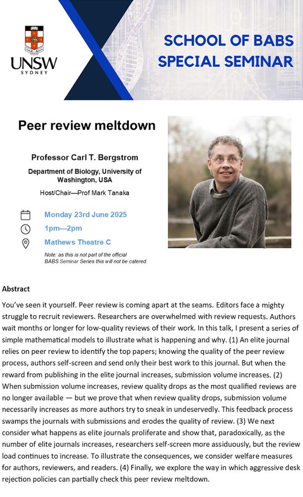 UNSW School of BABS Special Seminar


Peer review meltdown
Carl T. Bergstrom, University of Washington

Host/Chair Prof Mark Tanaka

Monday 23 June 2025

1pm-2pm 

Mathews Theatre C

You’ve seen it yourself. Peer review is coming apart at the seams. Editors face a mighty struggle to recruit reviewers. Researchers are overwhelmed with review requests. Authors wait months or longer for low-quality reviews of their work. In this talk, I present a series of simple mathematical models to illustrate what is happening and why. (1) An elite journal relies on peer review to identify the top papers; knowing the quality of the peer review process, authors self-screen and send only their best work to this journal. But when the reward from publishing in the elite journal increases, submission volume increases. (2) When submission volume increases, review quality drops as the most qualified reviews are no longer available — but we prove that when review quality drops, submission volume necessarily increases as more authors try to sneak in undeservedly. This feedback process swamps the journals with submissions and erodes the quality of review. (3) We next consider what happens as elite journals proliferate and show that, paradoxically, as the number of elite journals increases, researchers self-screen more assiduously, but the review load continues to increase. To illustrate the consequences, we consider welfare measures for authors, reviewers, and readers. (4) Finally, we explore the way in which aggressive desk rejection policies can partially check this peer review meltdown.  ﻿﻿