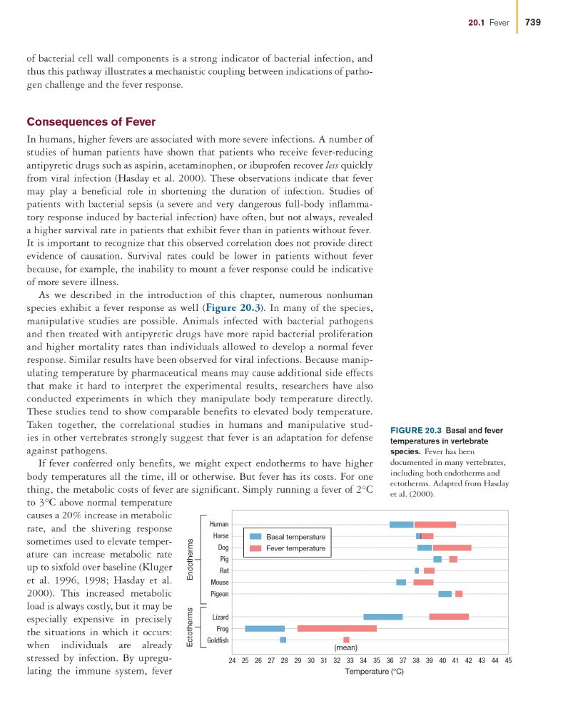 of bacterial cell wall components is a strong indicator of bacterial infection, and
thus this pathway illustrates a mechanistic coupling between indications of pathogen
challenge and the fever response.
Consequences of Fever
In humans, higher fevers are associated with more severe infections. A number of
studies of human patients have shown that patients who receive fever- reducing
antipyretic drugs such as aspirin, acetaminophen, or ibuprofen recover less quickly
from viral infection (Hasday et al. 2000). These observations indicate that fever
may play a beneficial role in shortening the duration of infection. Studies of
patients with bacterial sepsis (a severe and very dangerous full-body inflammatory
response induced by bacterial infection) have often, but not always, revealed
a higher survival rate in patients that exhibit fever than in patients without fever.
It is important to recognize that this observed correlation does not provide direct
evidence of causation. Survival rates could be lower in patients without fever
because, for example, the inability to mount a fever response could be indicative
of more severe illness.
As we described in the introduction of this chapter, numerous nonhuman
species exhibit a fever response as well (Figure 20.3). In many of the species,
manipulative studies are possible. Animals infected with bacterial pathogens
and then treated with antipyretic drugs have more rapid bacterial proliferation
and higher mortality rates than individuals allowed to develop a normal fever
response. Similar results have been observed for viral infections. Because manipulating
temperature by pharmaceutical means may cause additional side effects
that make it hard to interpret the experimental results, researchers have also
conducted experiments in which they manipulate body temperature directly.
These studies tend to show comparable benefits to elevated body temperature.
Taken together, the correlational studies in humans and manipulative studies
in …