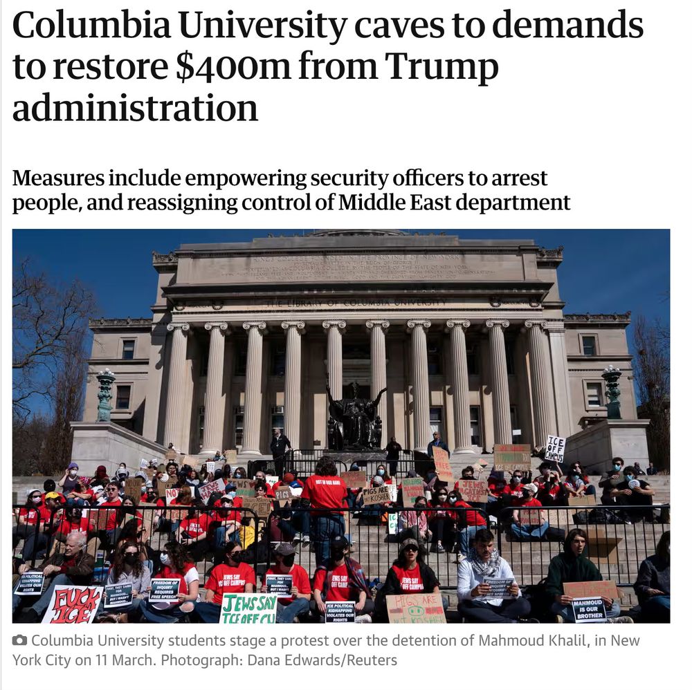 Columbia University caves to demands to restore $400m from Trump administration

Measures include empowering security officers to arrest people, and reassigning control of Middle East department