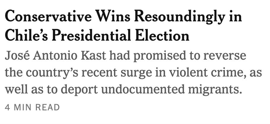 Conservative Wins Resoundingly in Chile’s Presidential Election

José Antonio Kast has promised to reverse Chile’s recent surge in violent crime. He also says he will deport undocumented migrants.