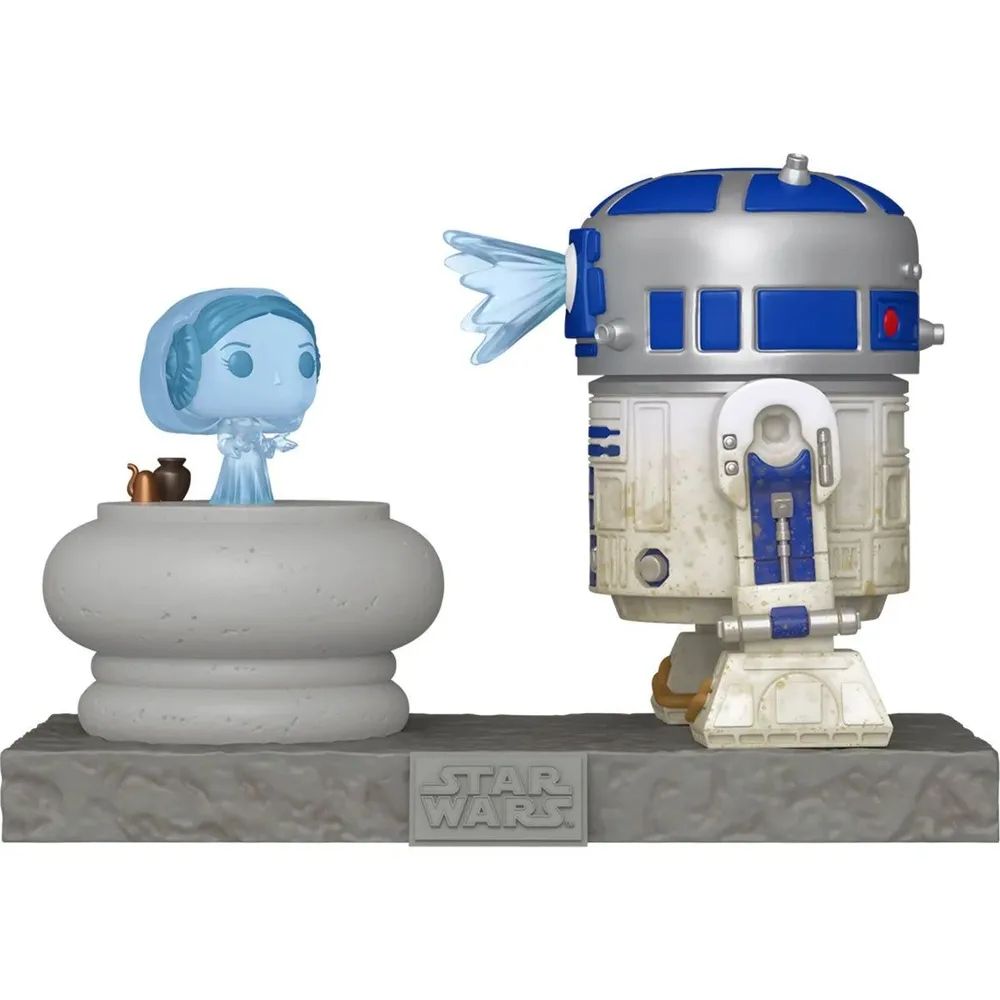 изображение Funko Pop фигурки в виде R2D2, проецирующего голограмму с Леей. проекция это часть фигурки и выглядит как выплёскиваемая жидкость