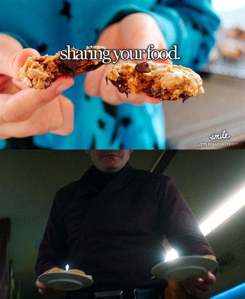 the first half of the image is a "little reasons to smile" picture with caption "sharing your food", the second half is a screencap of Zemo in his private jet bringing plates with food to Bucky and Sam