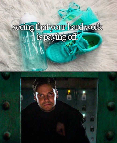 the first half of the image is a "little reasons to smile" picture with caption "seeing that your hard work is paying off", the second half is a screencap of Zemo inside the Siberian Hydra bunker looking through glass at Steve