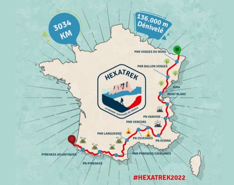 Carte du parcours de l'hexatrek, un parcours de trek de plus de 3000km à travers tous les massifs de France.
