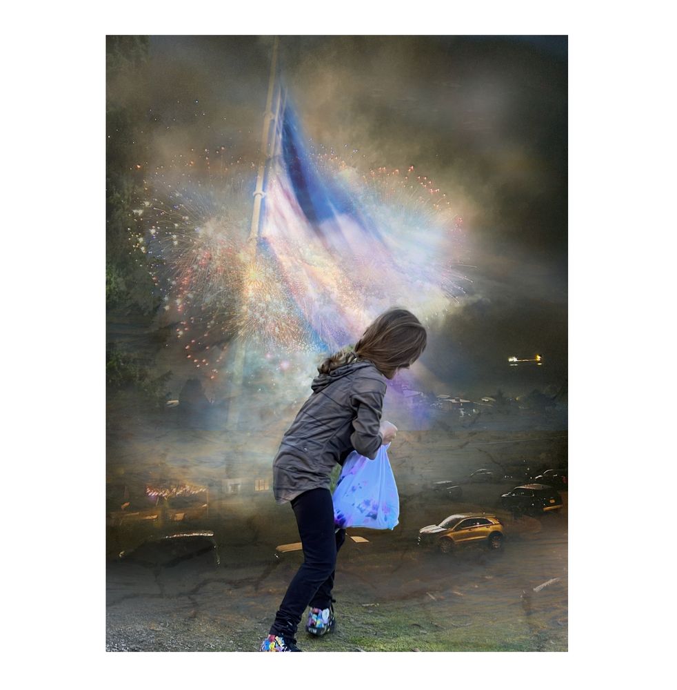 Girl holding a bag in front of an American flag seemingly in tatters with fireworks or some kind of destruction in the background.