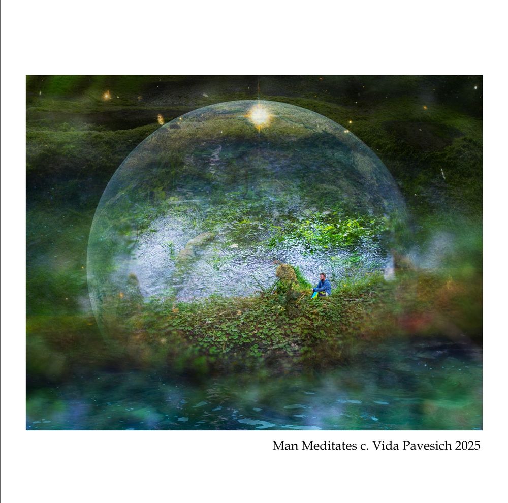 small figure of a man sitting quietly in an landscape of lush vegetation and water.