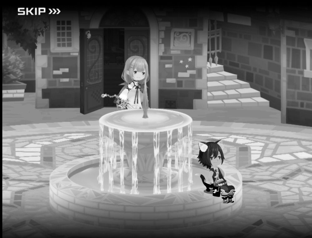 A monochromatic picture of Ciel sitting on the fountain while Strelitzia walks by it in Kingdom Hearts Union X. The game's avatar system is the reason why Ciel looks the way he does.
