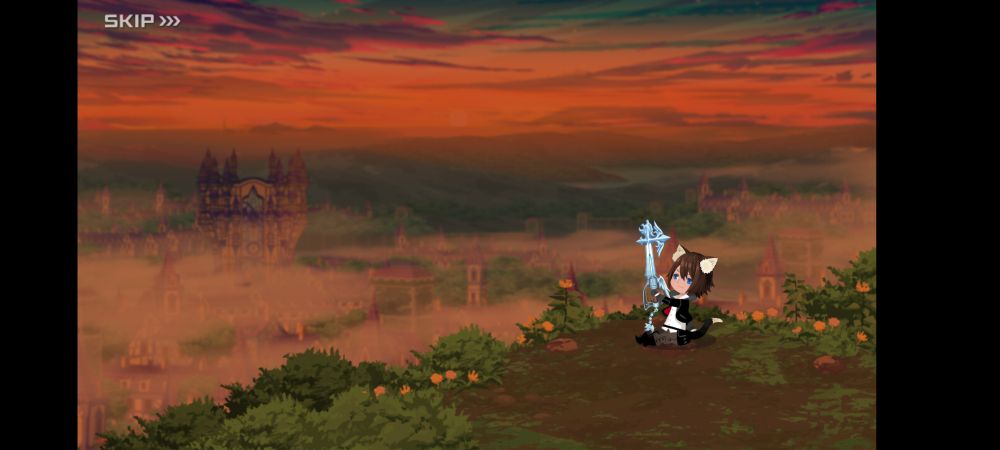 A picture of Player sitting in a flower field overlooking Daybreak Town at twilight in Kingdom Hearts Union X.