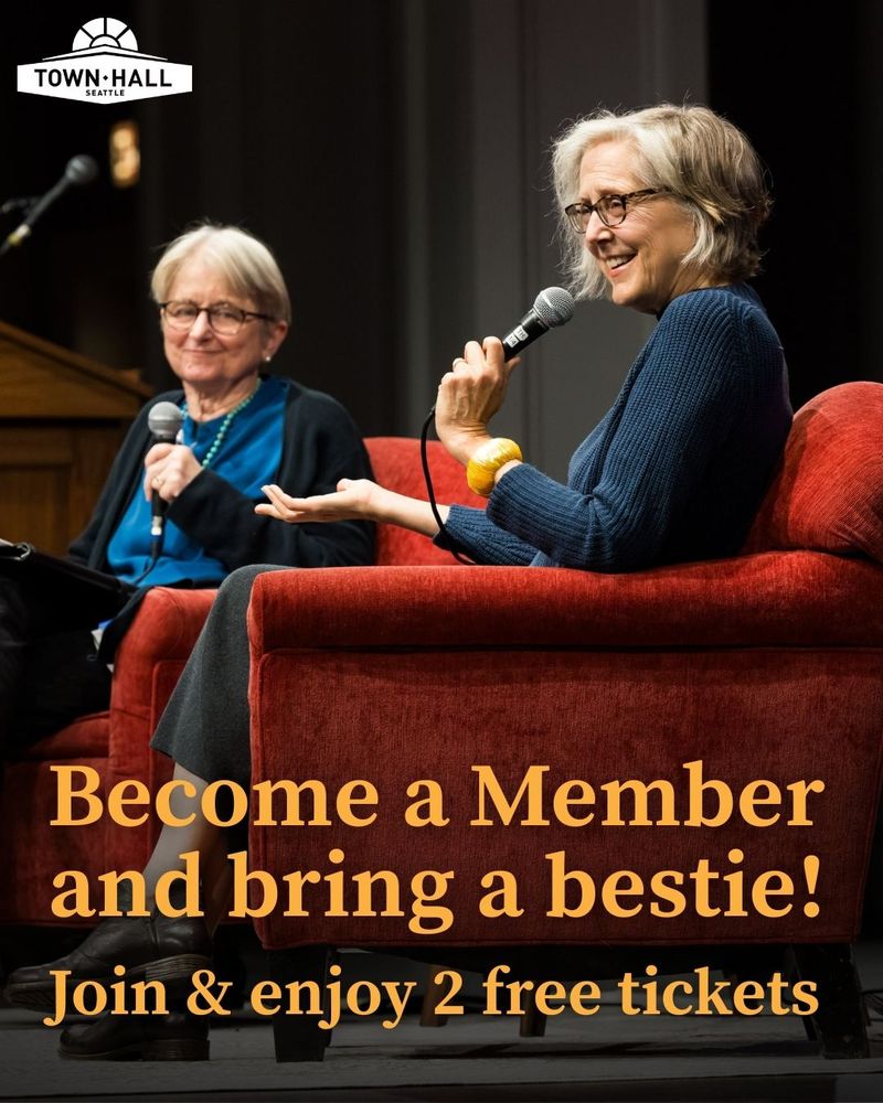 Mary Roach and Mary Ann Gwinn sit together on stage in red chairs, conversing and laughing while holding microphones. Overlaid text reads "Become a member and bring a bestie! Join and enjoy 2 free tickets."
