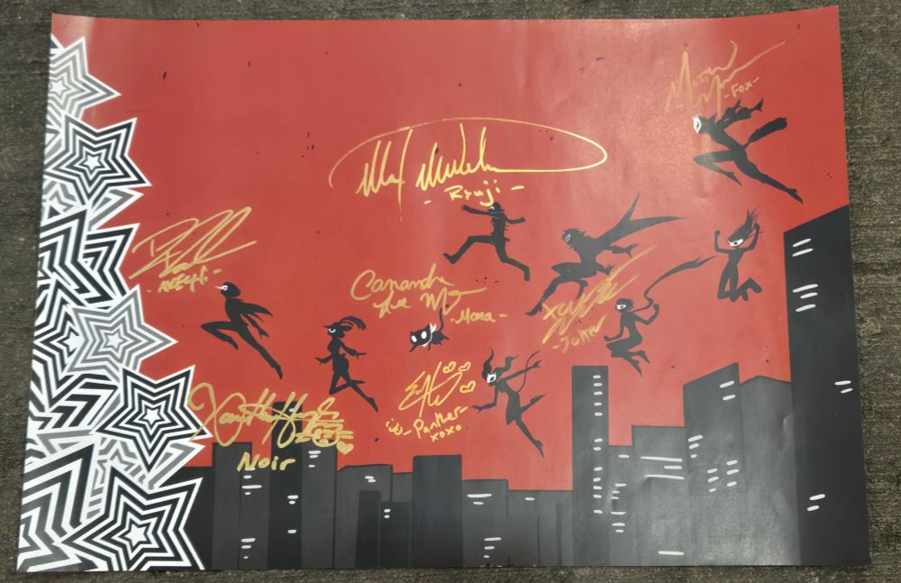 Poster with a cityscape in black, red background. Main characters from Persona 5 are in silhouette with their respective voice actors' signatures.