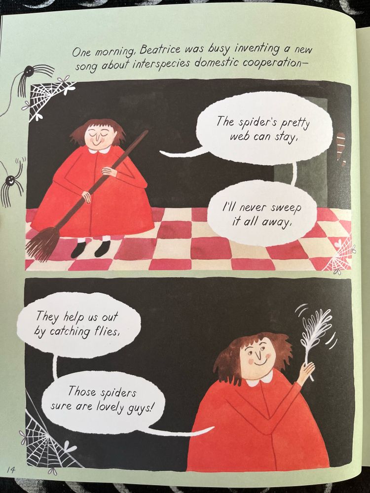 A page from Bog Myrtle, children’s graphic novel in which a girl in a red dress is sweeping and dusting and inventing a song about interspecies domestic cooperation