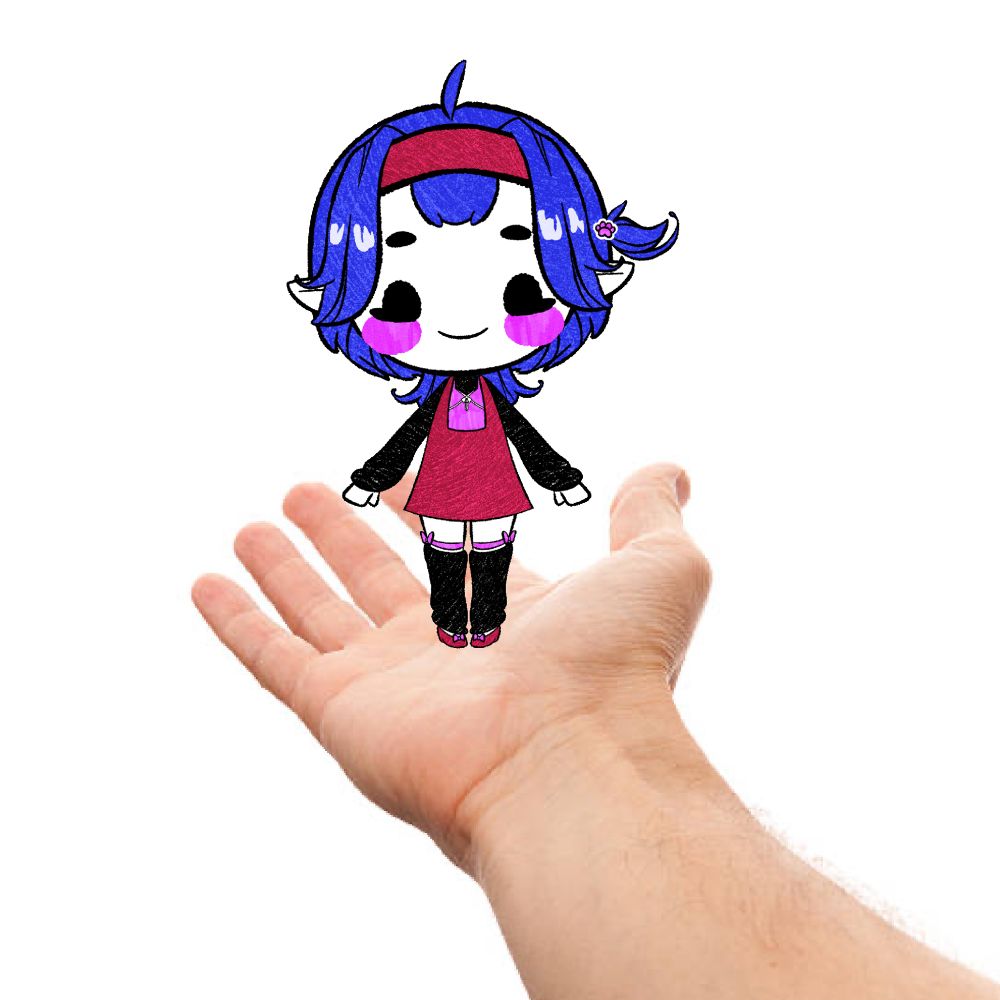 It’s Paper-chan! (That’s me!) she’s standing in the palm of your hand! (It’s a p o v image of a hand holding my vtuber model)